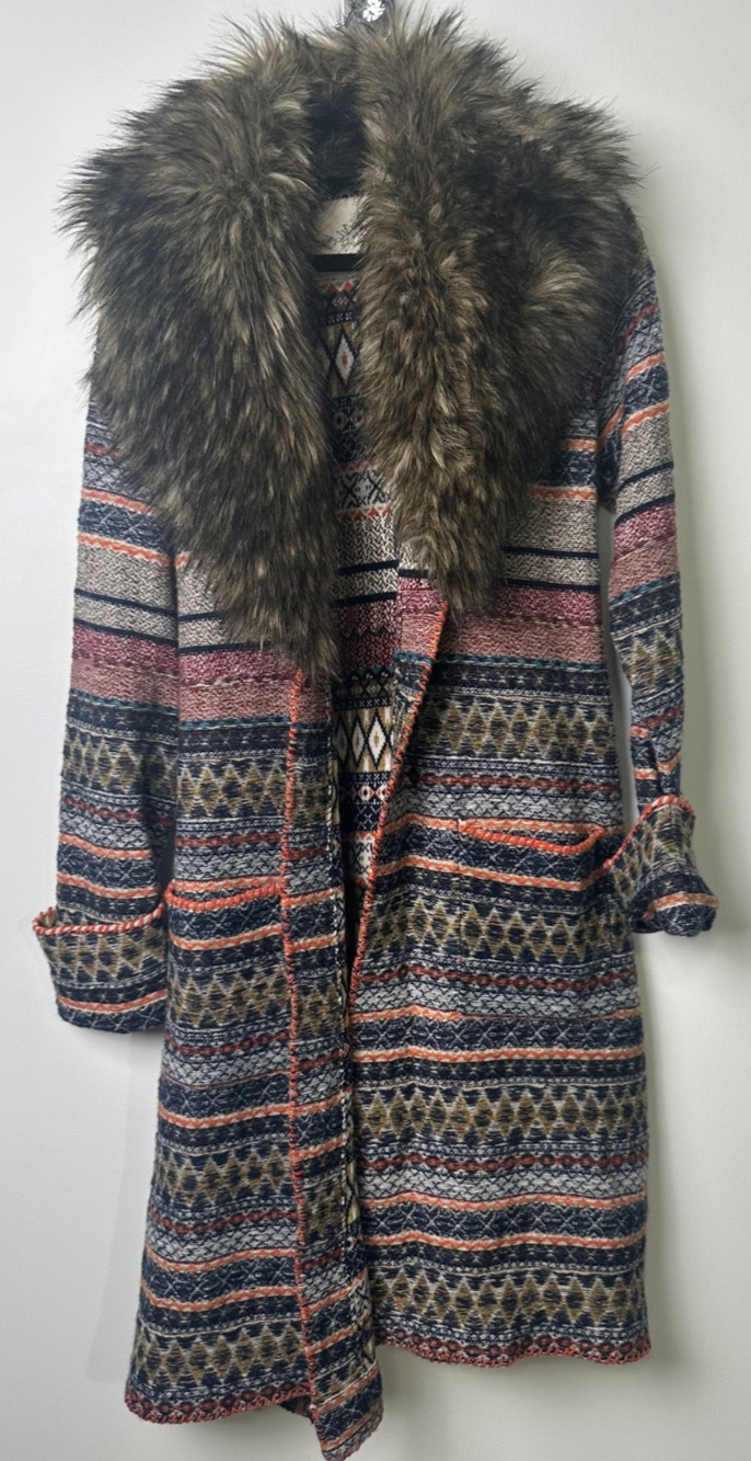 Anthro Angel of the North M Faux Fur Collar Long Cardigan Lambswool Sweater Belt